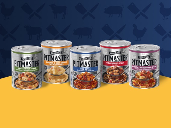 An image of the five Progresso Pitmaster soup flavors on a blue and yellow background.